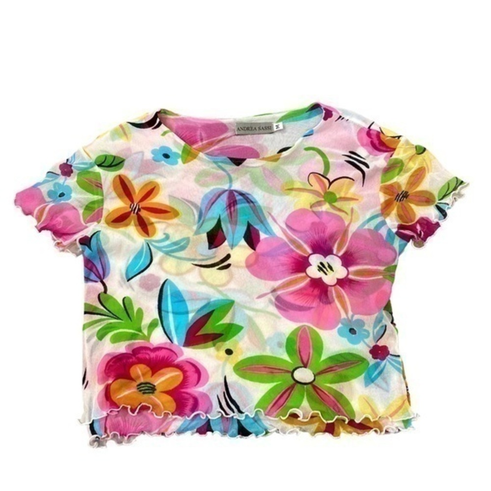 Andrea Sassi Deisgner Bright floral mesh Cropped top Lettuce Hem Retro Blouse